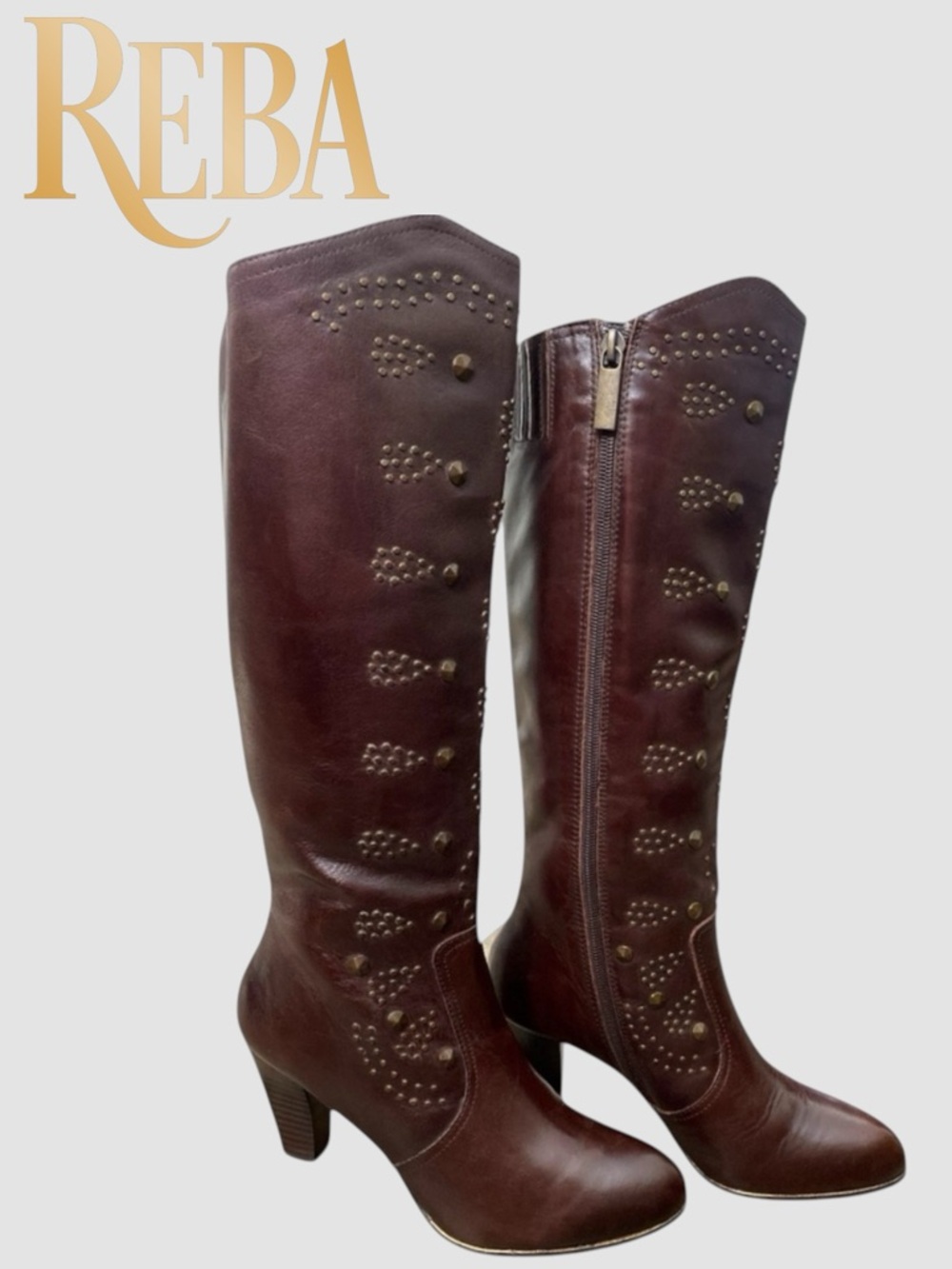 Reba Dixie Studded Mid Calf Boots Brown Leather Block Heel Zip Up Women's Sz 8M